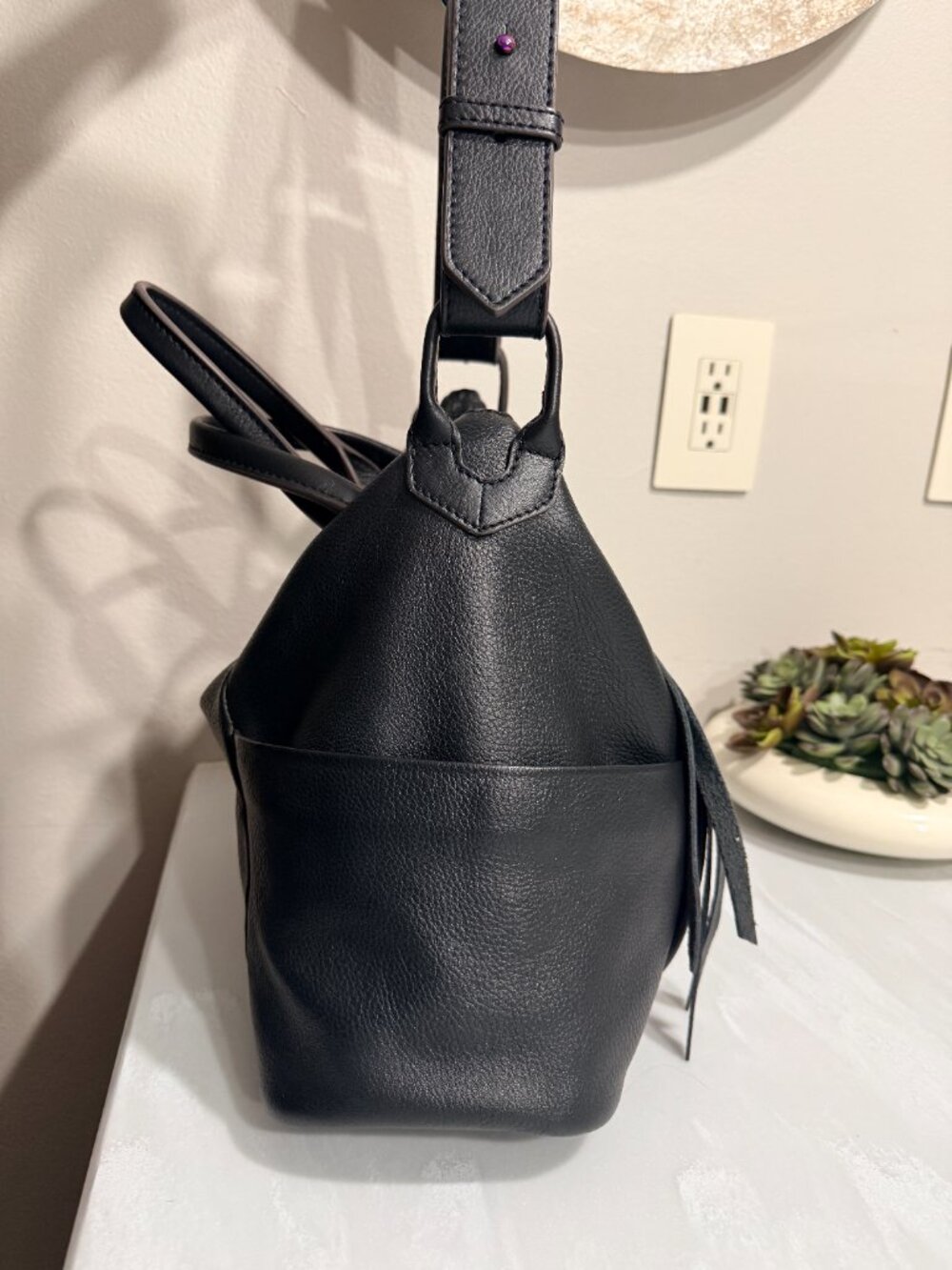 Convertible Slouchy Pebbled Black Leather Satchel Shoulder Bag Iridescent - Picture 6 of 13